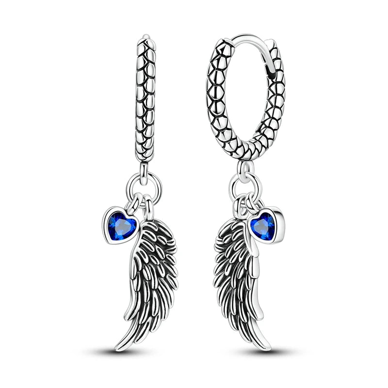 925 Sterling Silver Blue Zircon Heart Wing Hoop Earrings