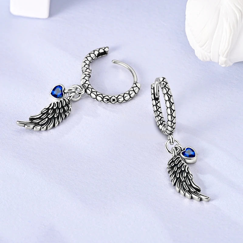 925 Sterling Silver Blue Zircon Heart Wing Hoop Earrings
