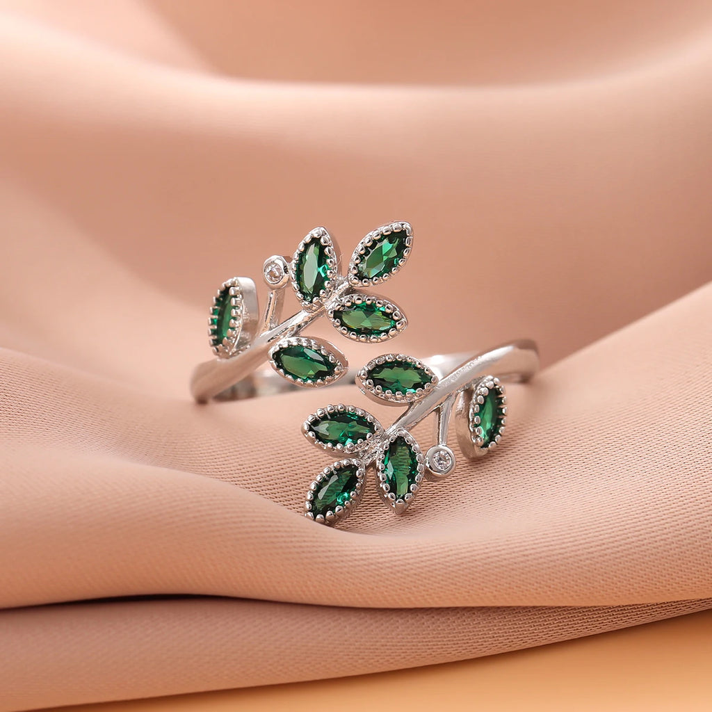 Emerald Leaf Silver Ring