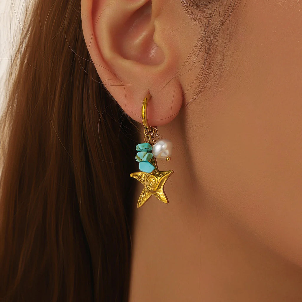 Turquoise Pearl Starfish Stud Earrings