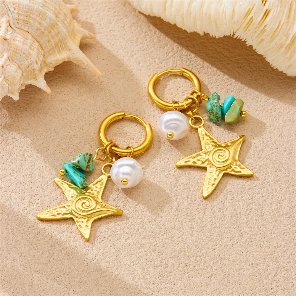 Turquoise Pearl Starfish Stud Earrings