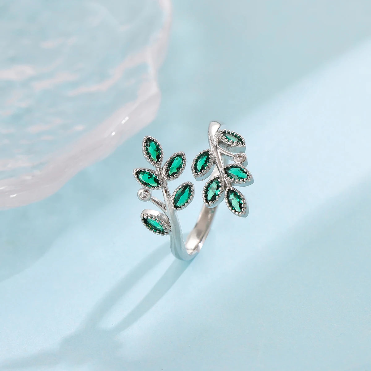 Emerald Leaf Silver Ring