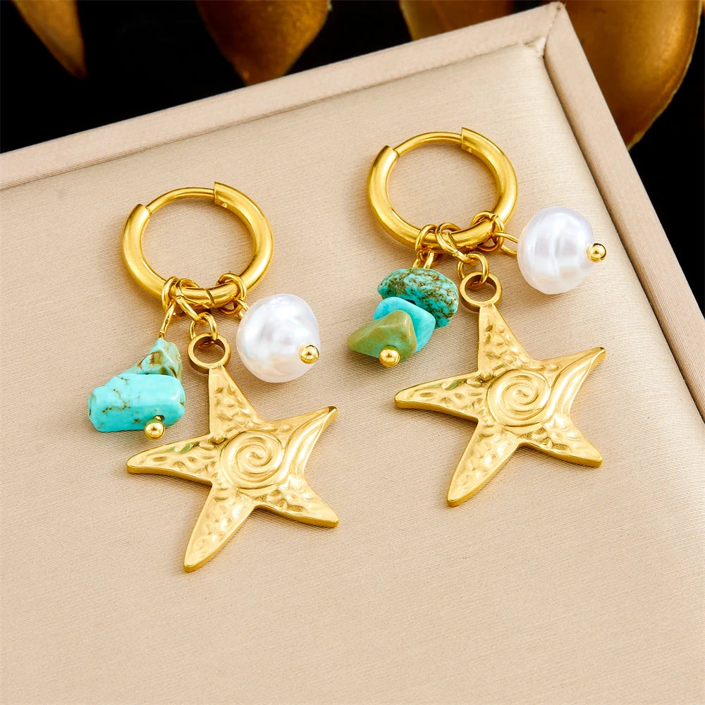 Turquoise Pearl Starfish Stud Earrings