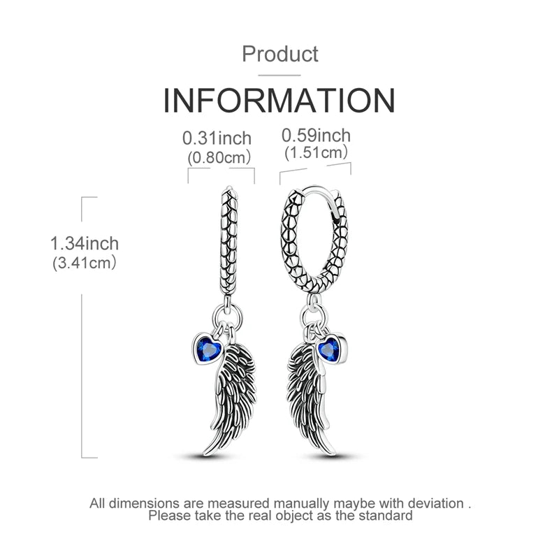 925 Sterling Silver Blue Zircon Heart Wing Hoop Earrings