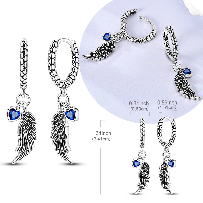925 Sterling Silver Blue Zircon Heart Wing Hoop Earrings