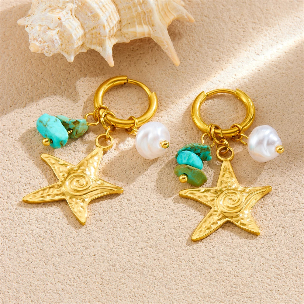 Turquoise Pearl Starfish Stud Earrings