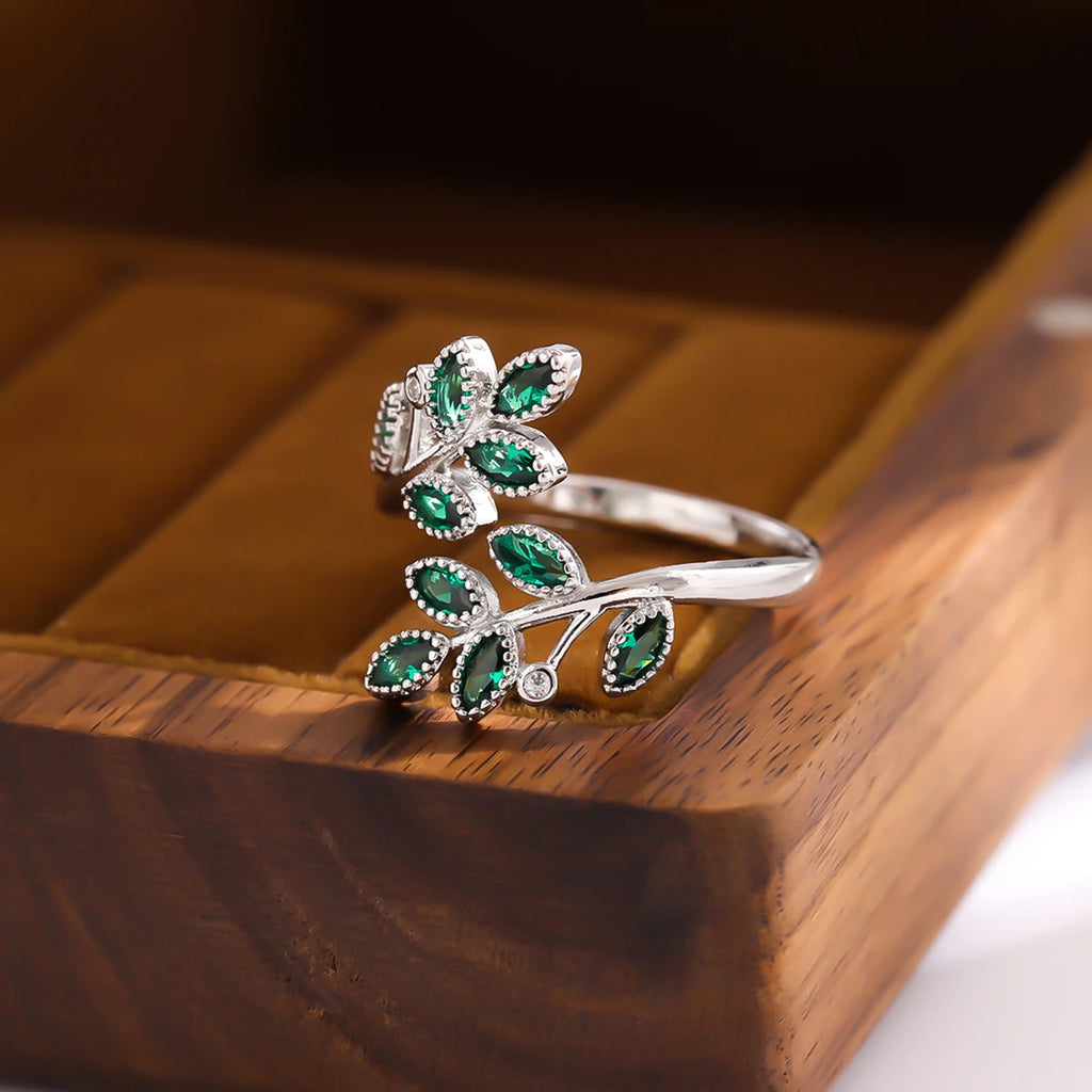 Emerald Leaf Silver Ring