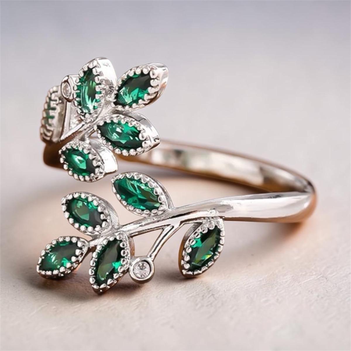Emerald Leaf Silver Ring